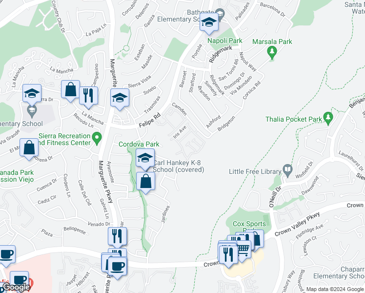 map of restaurants, bars, coffee shops, grocery stores, and more near 26928 Orchid Avenue in Mission Viejo
