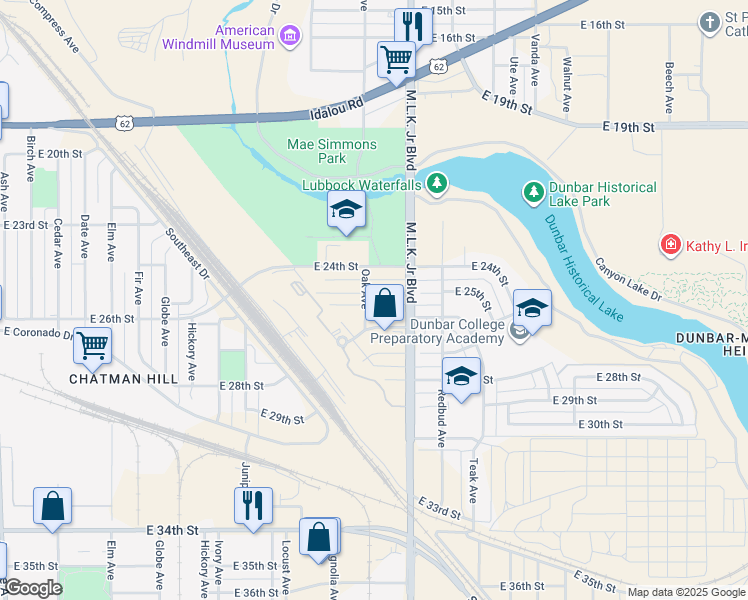 map of restaurants, bars, coffee shops, grocery stores, and more near 1504 East 25th Street in Lubbock