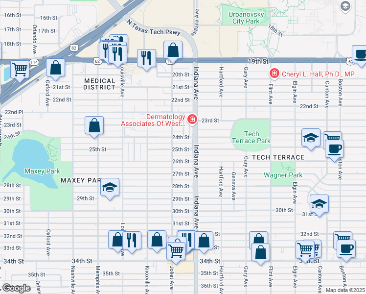 map of restaurants, bars, coffee shops, grocery stores, and more near 3412 25th Street in Lubbock