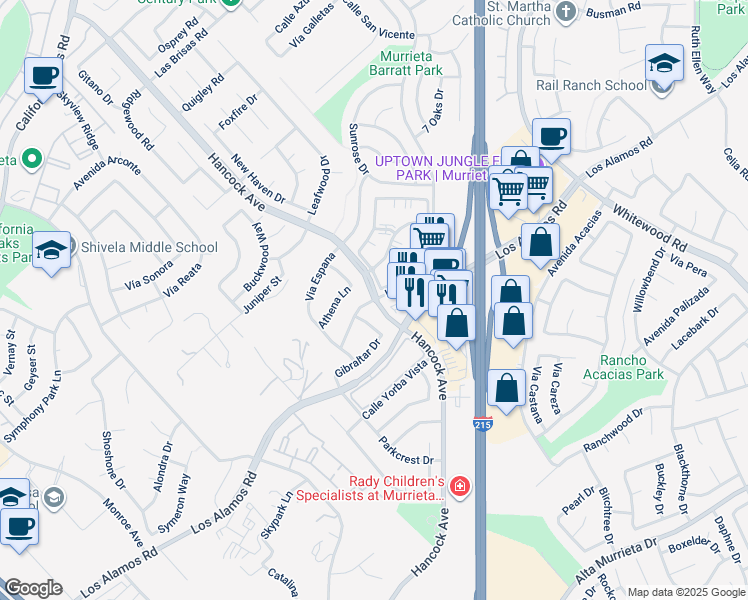 map of restaurants, bars, coffee shops, grocery stores, and more near Hancock Avenue in Murrieta