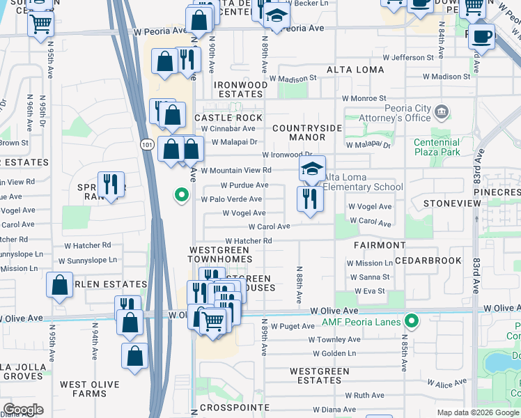 map of restaurants, bars, coffee shops, grocery stores, and more near 8902 West Vogel Avenue in Peoria