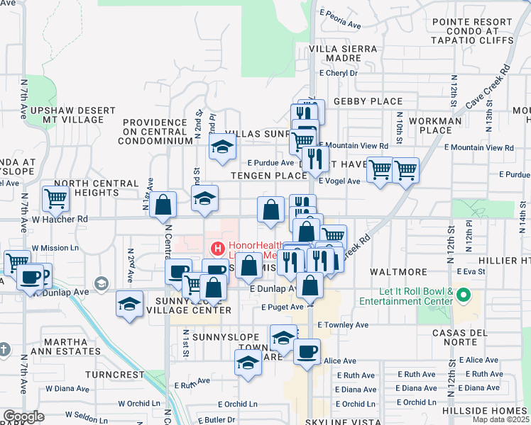 map of restaurants, bars, coffee shops, grocery stores, and more near 334 East Hatcher Road in Phoenix