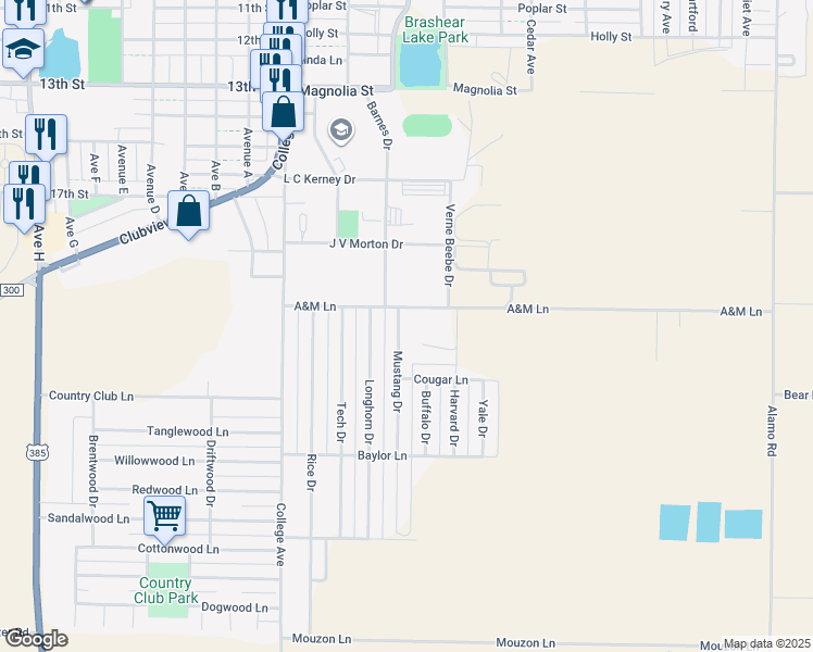 map of restaurants, bars, coffee shops, grocery stores, and more near 2005 Mustang Drive in Levelland