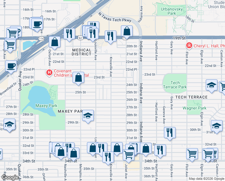 map of restaurants, bars, coffee shops, grocery stores, and more near 3520 25th Street in Lubbock
