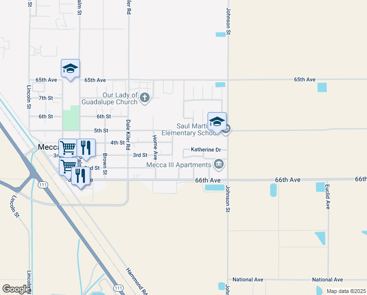 map of restaurants, bars, coffee shops, grocery stores, and more near 91762 Katherine Drive in Mecca