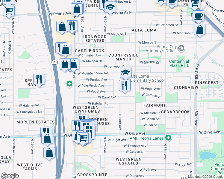 map of restaurants, bars, coffee shops, grocery stores, and more near 8828 West Vogel Avenue in Peoria