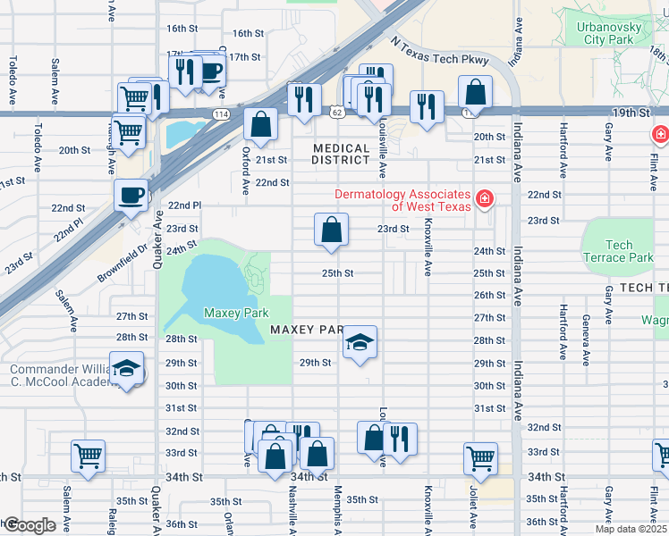 map of restaurants, bars, coffee shops, grocery stores, and more near 3802 25th Street in Lubbock