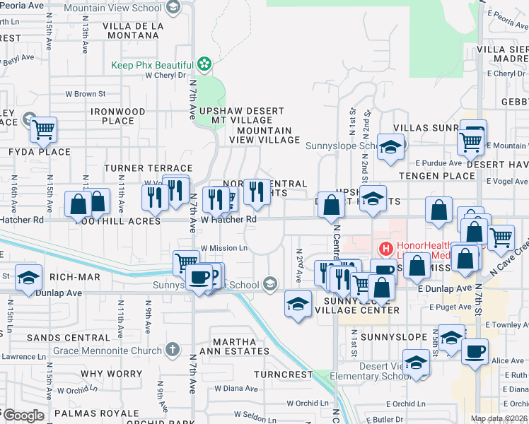 map of restaurants, bars, coffee shops, grocery stores, and more near 328 West Hatcher Road in Phoenix
