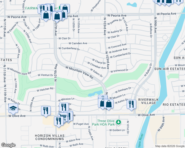 map of restaurants, bars, coffee shops, grocery stores, and more near 10352 West Mountain View Road in Sun City