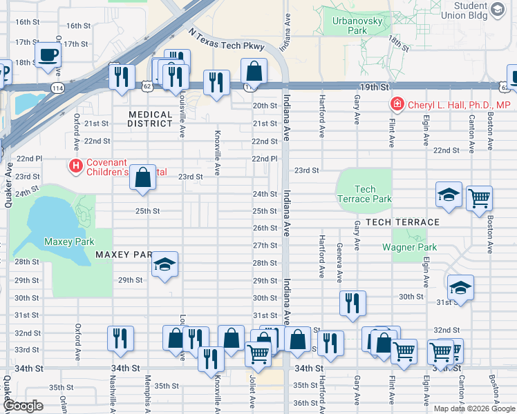 map of restaurants, bars, coffee shops, grocery stores, and more near 3412 25th Street in Lubbock