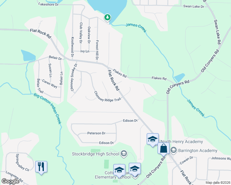 map of restaurants, bars, coffee shops, grocery stores, and more near 1359 Flat Rock Road in Stockbridge