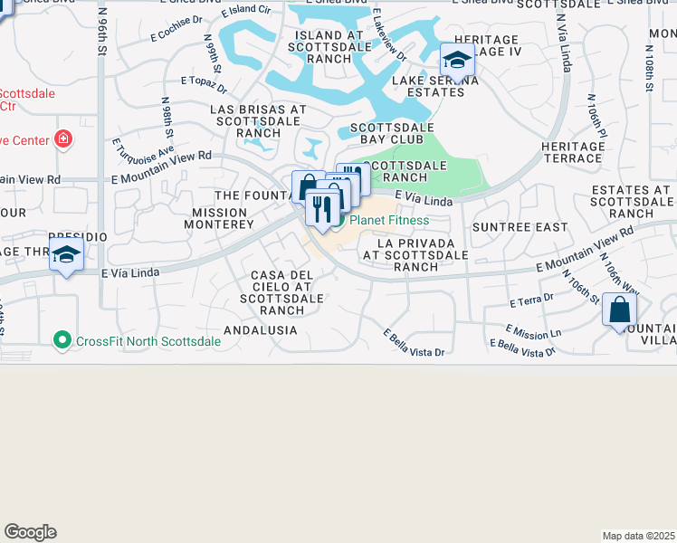 map of restaurants, bars, coffee shops, grocery stores, and more near 9125 North 101st Way in Scottsdale