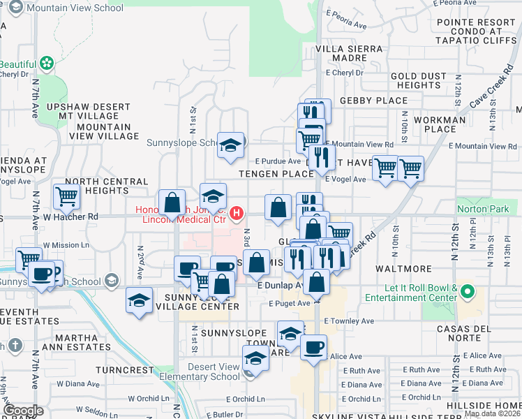 map of restaurants, bars, coffee shops, grocery stores, and more near 334 East Hatcher Road in Phoenix