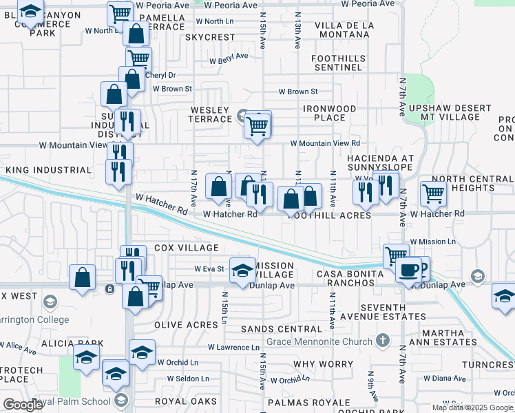 map of restaurants, bars, coffee shops, grocery stores, and more near 1514 West Hatcher Road in Phoenix