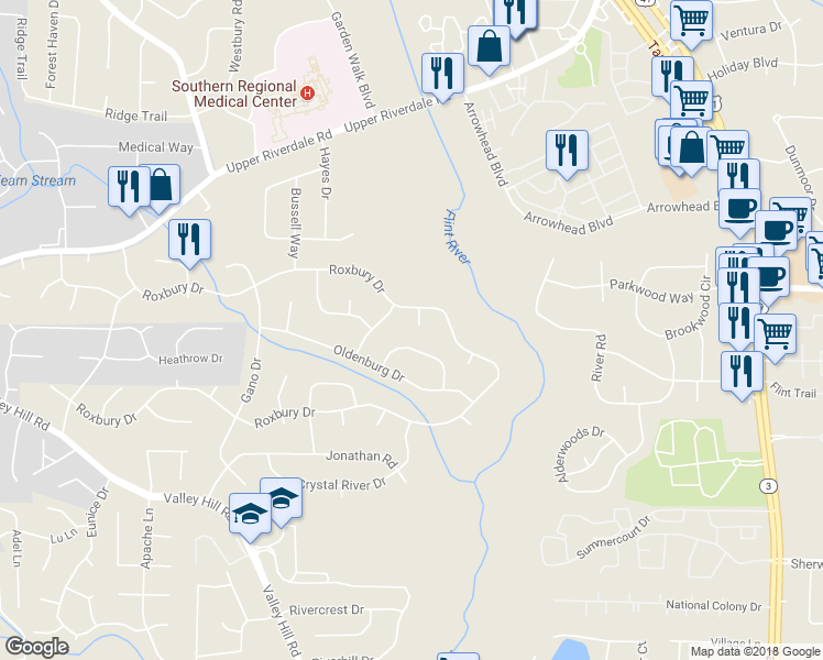 map of restaurants, bars, coffee shops, grocery stores, and more near 6673 Delicious Court in Riverdale