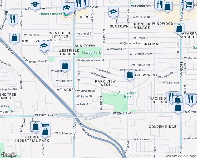 map of restaurants, bars, coffee shops, grocery stores, and more near 7320 West Hatcher Road in Peoria