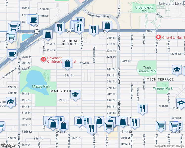 map of restaurants, bars, coffee shops, grocery stores, and more near 3520 25th Street in Lubbock