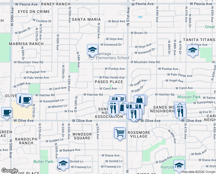 map of restaurants, bars, coffee shops, grocery stores, and more near 5210 W Carol Ave in Glendale