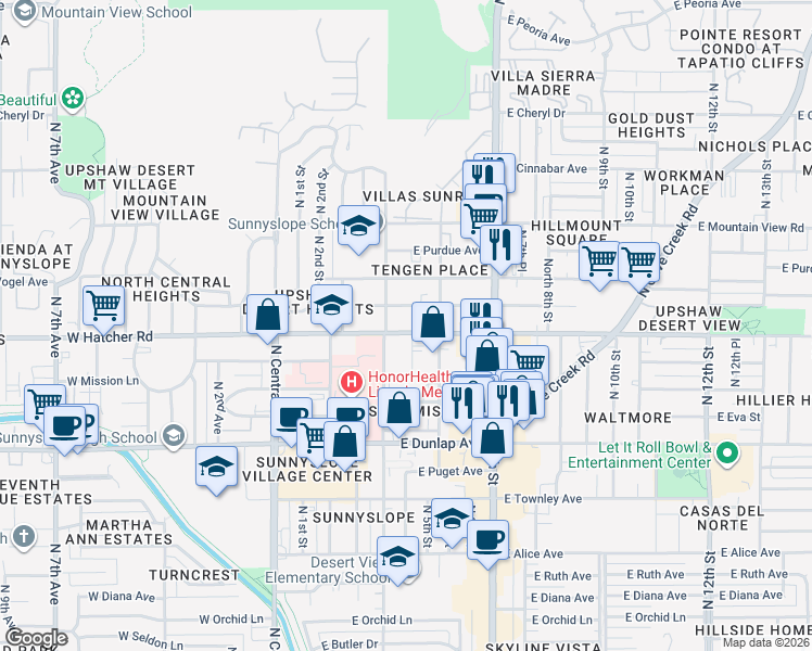 map of restaurants, bars, coffee shops, grocery stores, and more near 334 East Hatcher Road in Phoenix