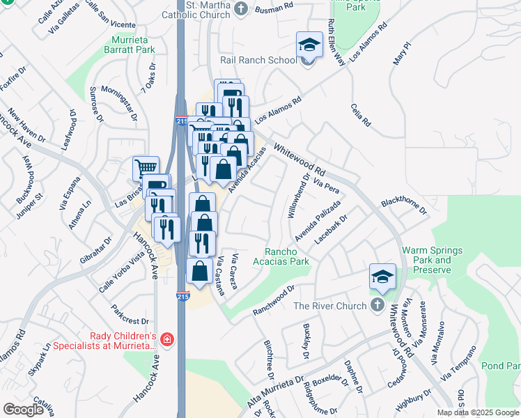 map of restaurants, bars, coffee shops, grocery stores, and more near 25117 Calle Viejo in Murrieta