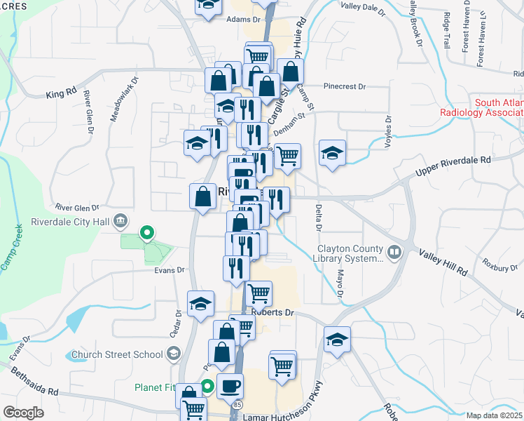 map of restaurants, bars, coffee shops, grocery stores, and more near 6722 State Highway 85 in Riverdale