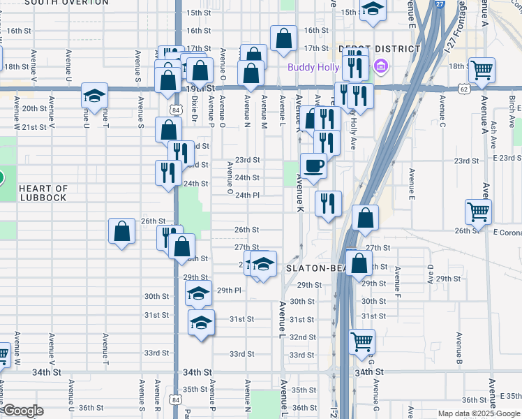 map of restaurants, bars, coffee shops, grocery stores, and more near 1318 25th Street in Lubbock