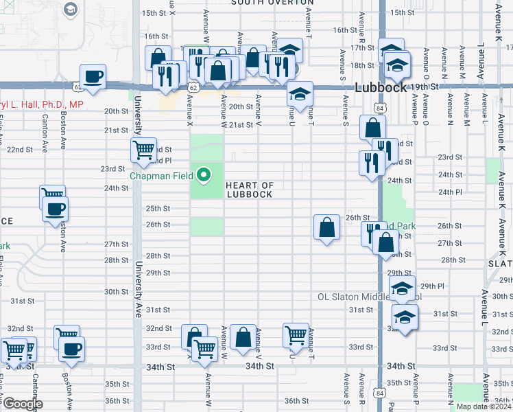 map of restaurants, bars, coffee shops, grocery stores, and more near 2502 Avenue V in Lubbock