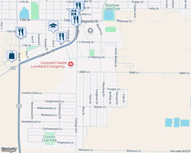 map of restaurants, bars, coffee shops, grocery stores, and more near 2006 Longhorn Drive in Levelland