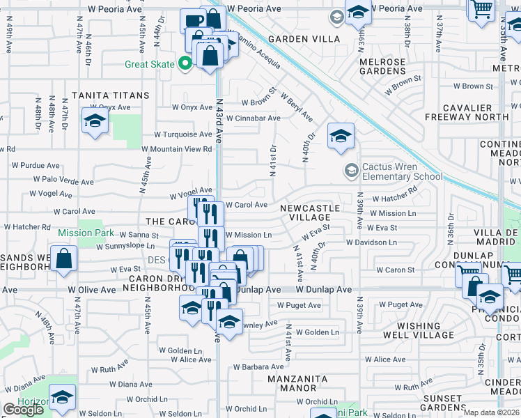 map of restaurants, bars, coffee shops, grocery stores, and more near 4203 West Carol Avenue in Phoenix