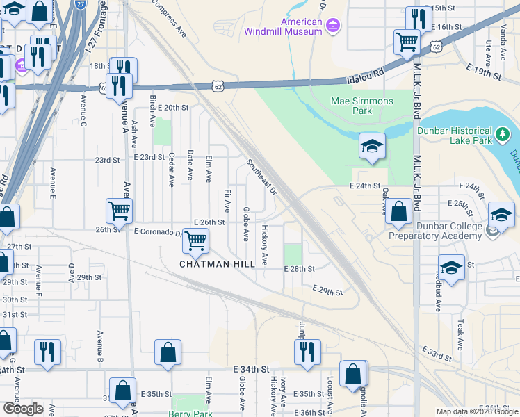 map of restaurants, bars, coffee shops, grocery stores, and more near 2415 Hickory Avenue in Lubbock