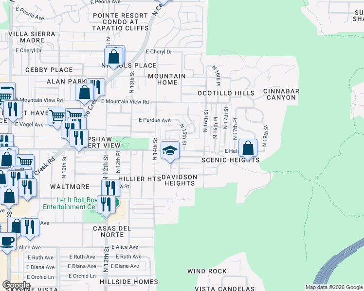 map of restaurants, bars, coffee shops, grocery stores, and more near 9402 North 15th Street in Phoenix