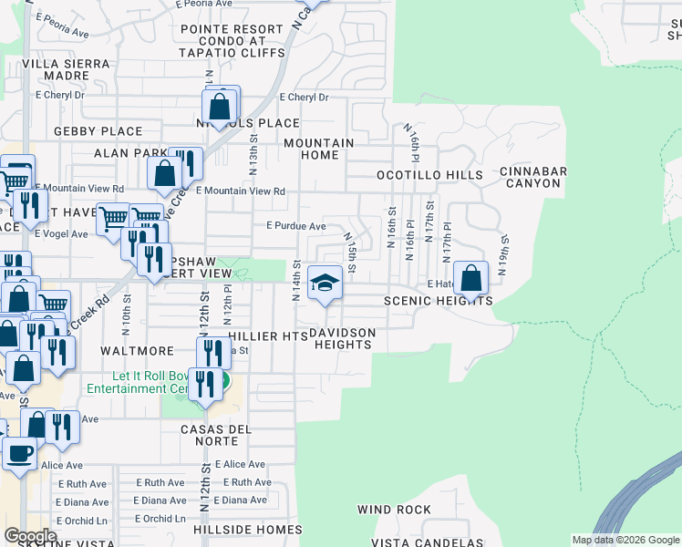 map of restaurants, bars, coffee shops, grocery stores, and more near 9402 North 15th Street in Phoenix