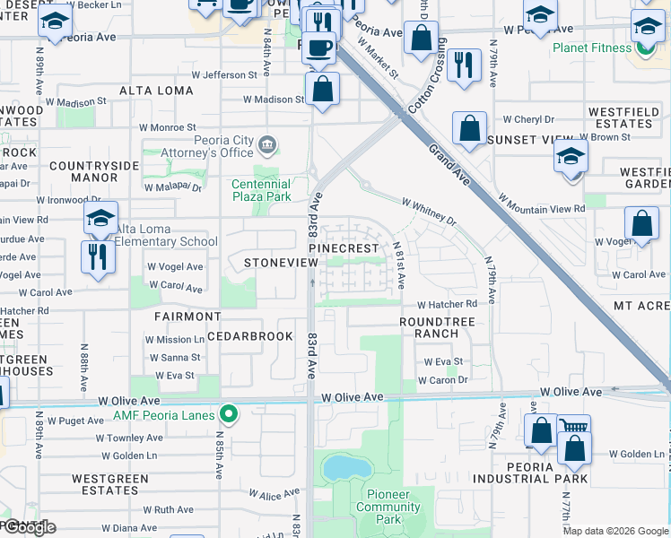 map of restaurants, bars, coffee shops, grocery stores, and more near 9590 North 82nd Lane in Peoria