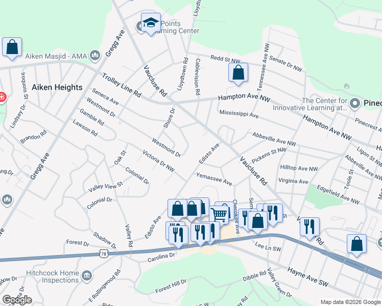 map of restaurants, bars, coffee shops, grocery stores, and more near 3115 Westmont Drive in Aiken