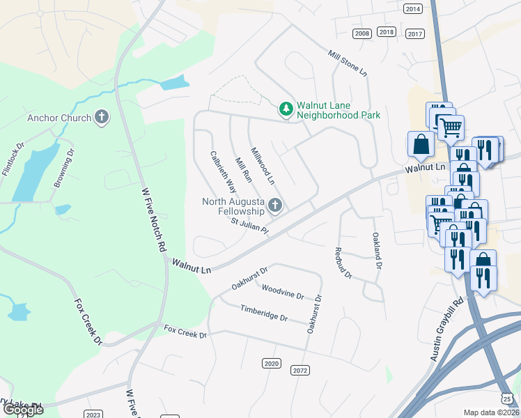 map of restaurants, bars, coffee shops, grocery stores, and more near 509 Calbrieth Way in North Augusta