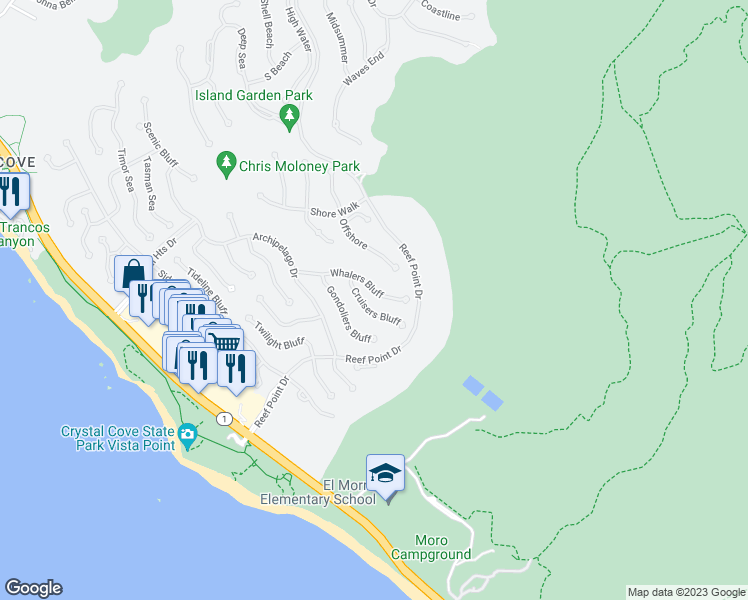 map of restaurants, bars, coffee shops, grocery stores, and more near 8 Whalers Bluff in Newport Beach