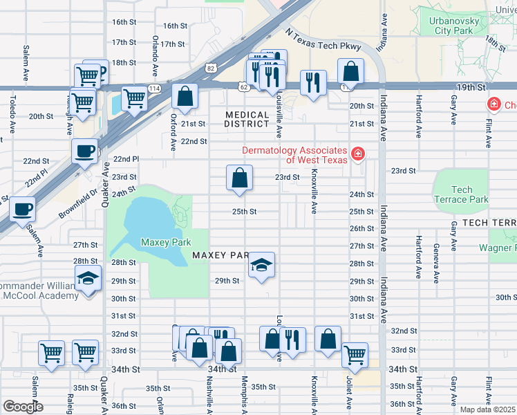 map of restaurants, bars, coffee shops, grocery stores, and more near 3714 25th Street in Lubbock
