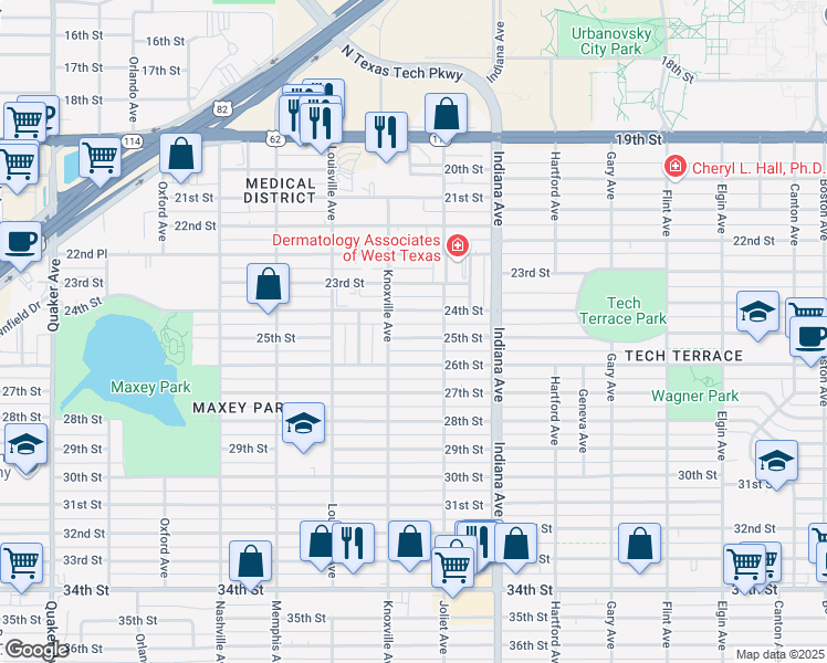 map of restaurants, bars, coffee shops, grocery stores, and more near 3512 25th Street in Lubbock