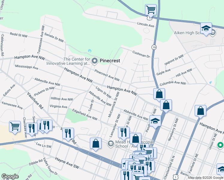 map of restaurants, bars, coffee shops, grocery stores, and more near 462 Morgan Street Northwest in Aiken