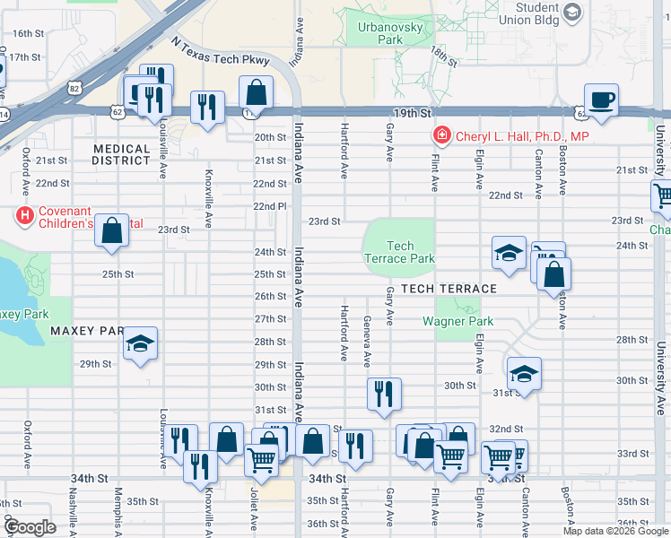 map of restaurants, bars, coffee shops, grocery stores, and more near 3306 25th Street in Lubbock