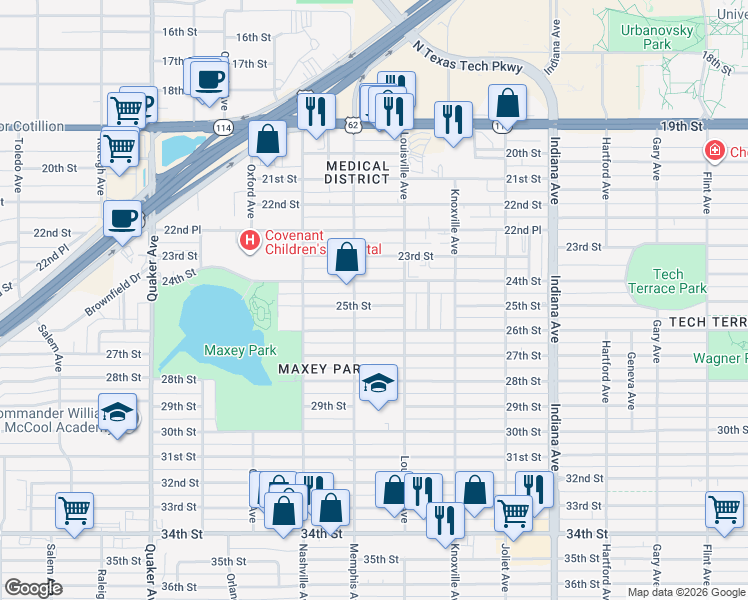 map of restaurants, bars, coffee shops, grocery stores, and more near 3708 25th Street in Lubbock