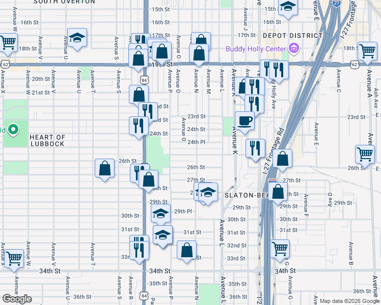 map of restaurants, bars, coffee shops, grocery stores, and more near 1506 25th Street in Lubbock