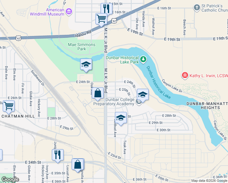 map of restaurants, bars, coffee shops, grocery stores, and more near 1710 East 25th Street in Lubbock