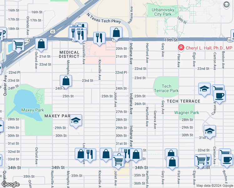 map of restaurants, bars, coffee shops, grocery stores, and more near 3420 25th Street in Lubbock