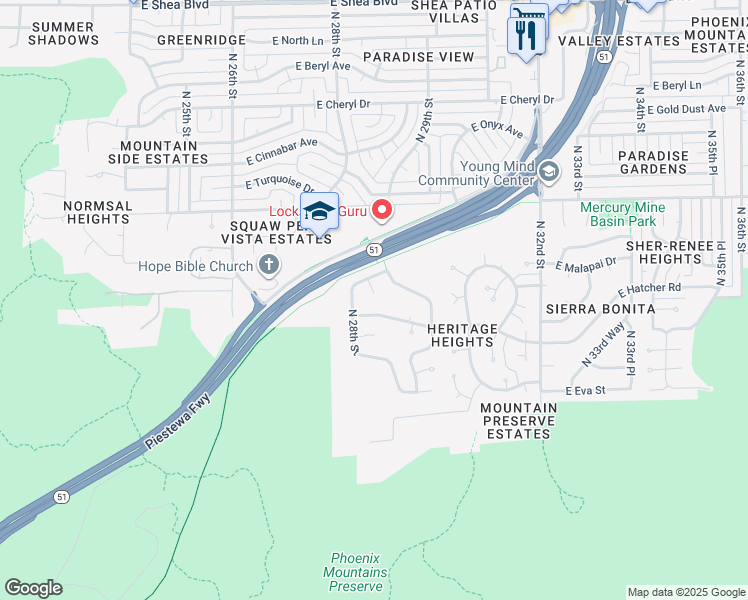 map of restaurants, bars, coffee shops, grocery stores, and more near 9220 North 28th Place in Phoenix