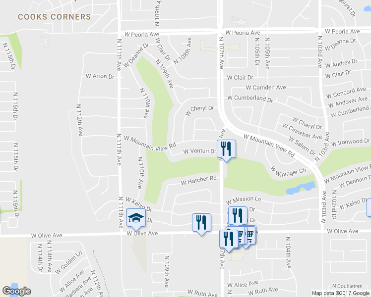 map of restaurants, bars, coffee shops, grocery stores, and more near 10826 West Venturi Drive in Sun City