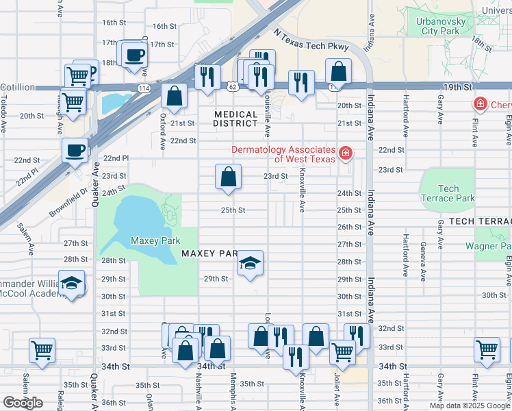 map of restaurants, bars, coffee shops, grocery stores, and more near 3708 25th Street in Lubbock
