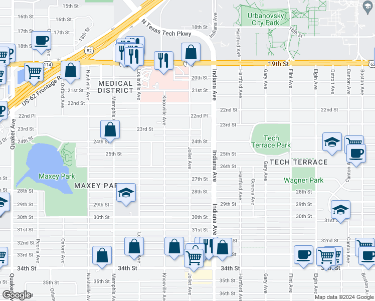 map of restaurants, bars, coffee shops, grocery stores, and more near 3502 25th Street in Lubbock