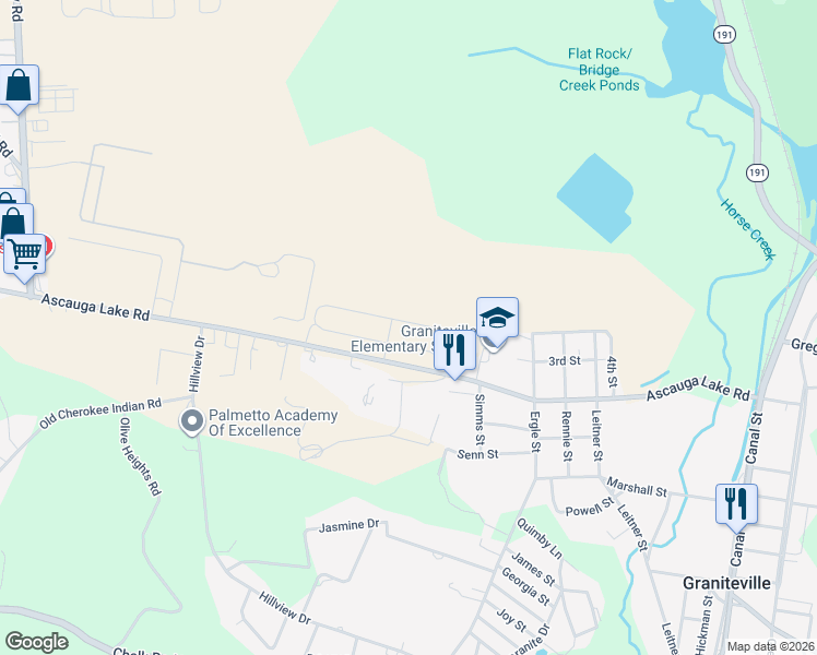 map of restaurants, bars, coffee shops, grocery stores, and more near 255 Ascauga Lake Road in Graniteville