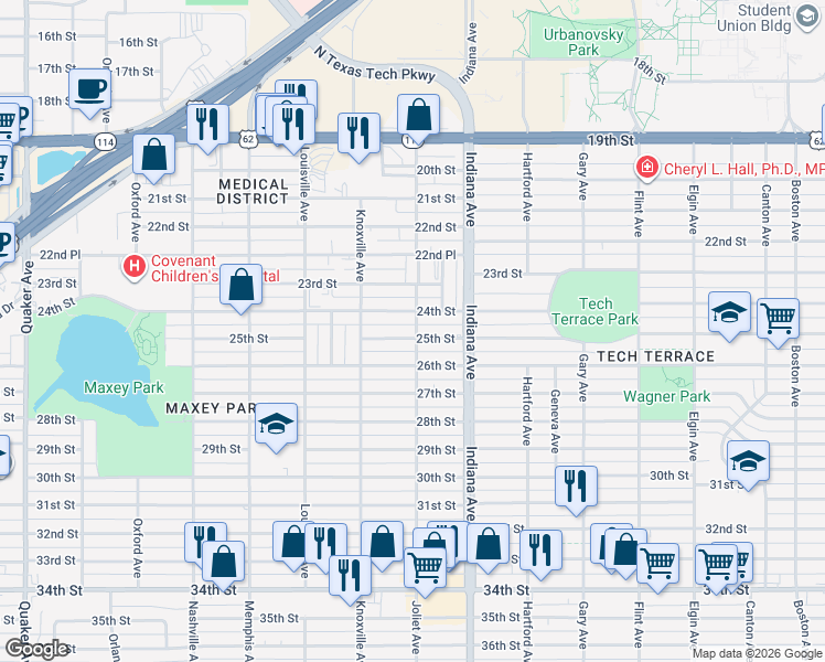 map of restaurants, bars, coffee shops, grocery stores, and more near 3506 25th Street in Lubbock